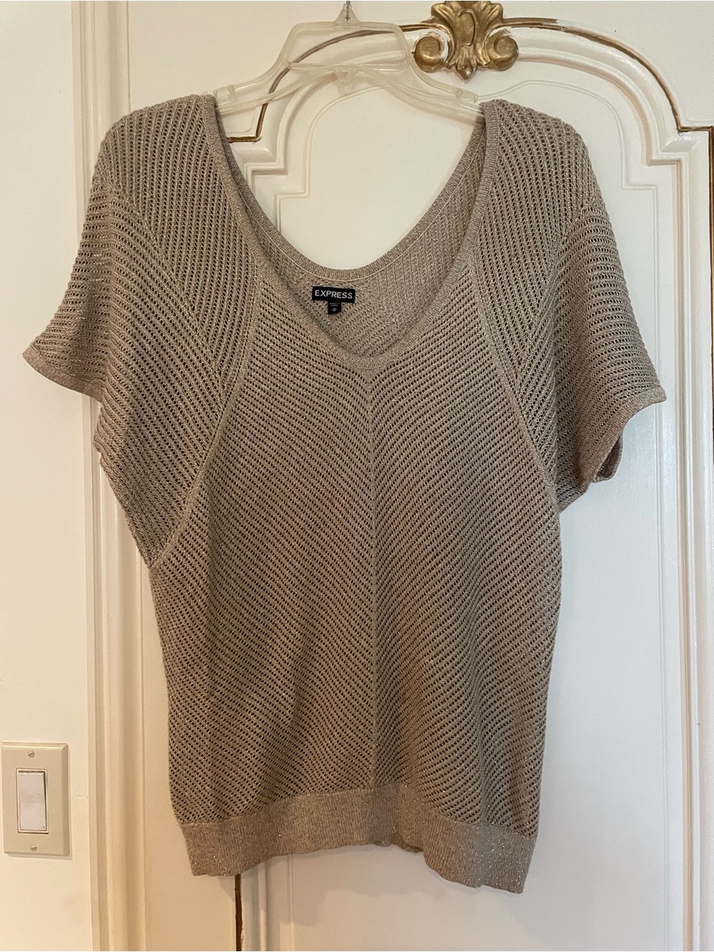Express Taupe Open-Knit V-Neck Short Sleeve Top